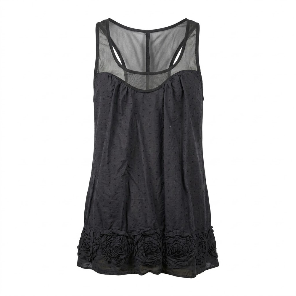 100% Cotton Black Mesh Yoke Tank Top with Rosette Hem